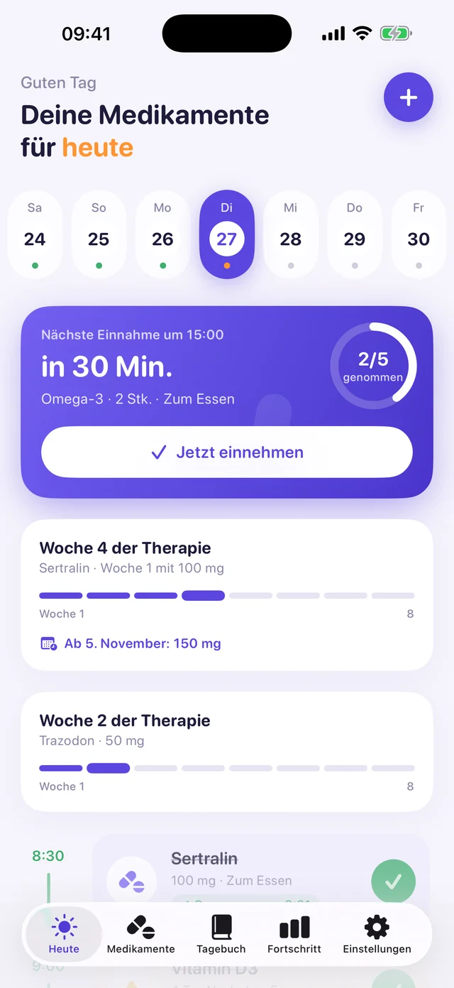 Kurso-Bildschirm „Heute“ mit der Morgendosis und der Therapiewoche