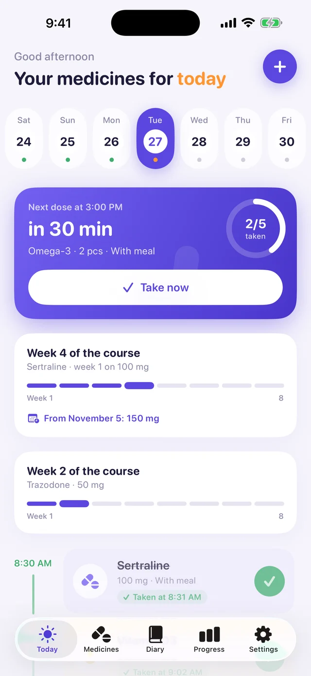 Kurso Today screen with the morning dose and the week of the course