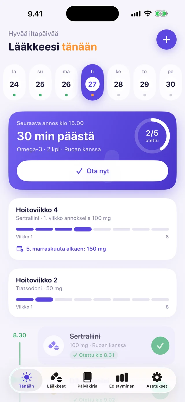 Kurson Tänään-näkymä aamuannoksella ja hoitoviikolla