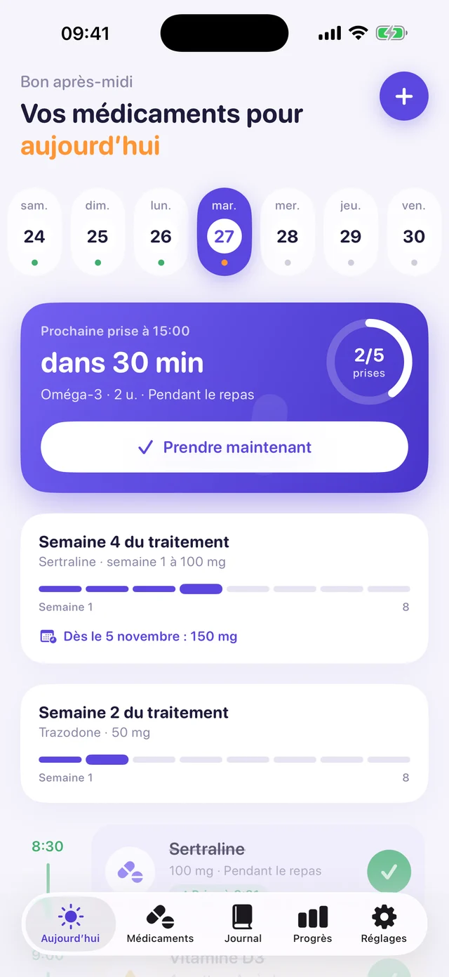 Écran Aujourd’hui de Kurso avec la dose du matin et la semaine du traitement