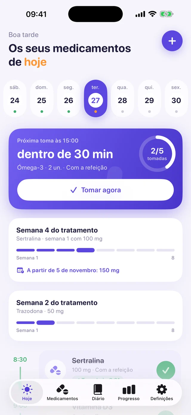 Ecrã Hoje do Kurso com a dose da manhã e a semana do tratamento