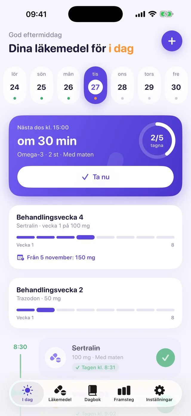 Kursos Idag-skärm med morgondosen och behandlingsveckan